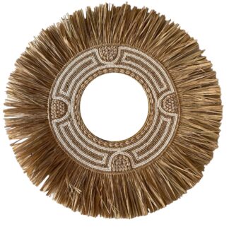 Raffia mirror with cowrie shell and bead decoration